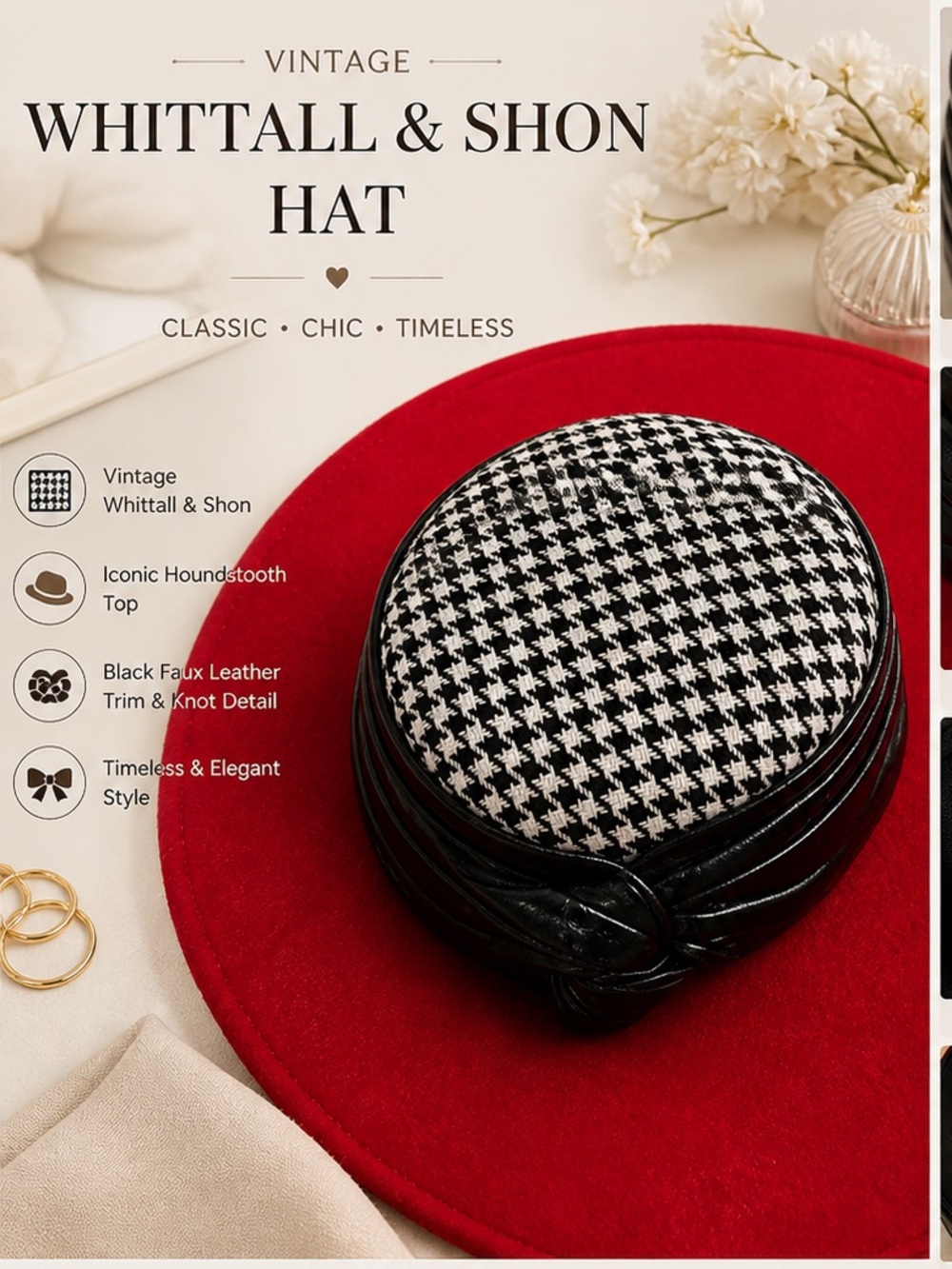 Vintage Classic Black & White Houndstooth Pillbox Hat Red Rim